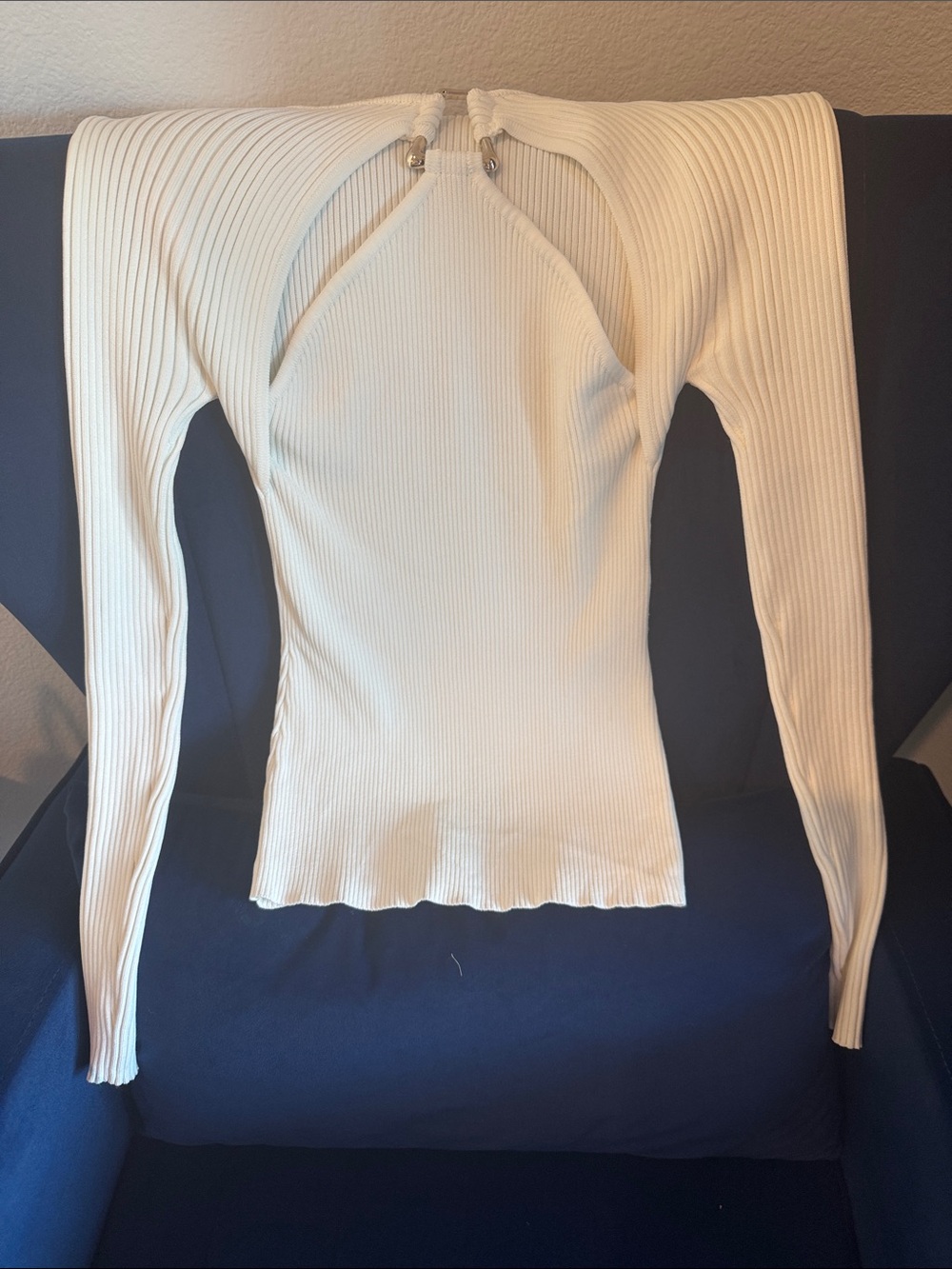 New!  White House Black Market Cream Ribbed Long-Sleeve Top with Neck Cutout